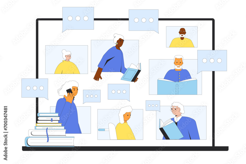Senior book club online. Elderly people reading together and communication remote. Retirement community helps for lifestyle dealing with loneliness and boredom.Vector illustration