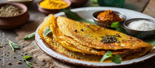 South Indian gluten-free meal of rice and urad dal crepes with Fenugreek seeds, served on a white enamel plate. photo