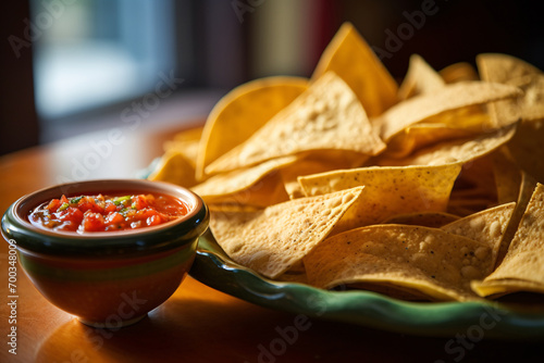 Tortilla chips on plate with salsa dip photo