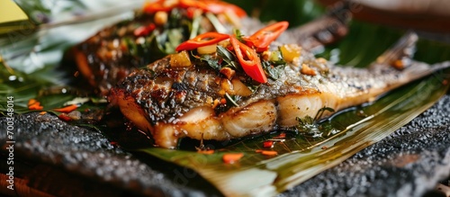 Grilled sea bass marinated on banana leaves.