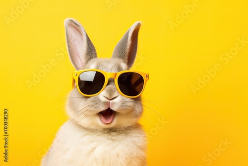 Cool Easter bunny with sunglasses in front of a yellow background wall.