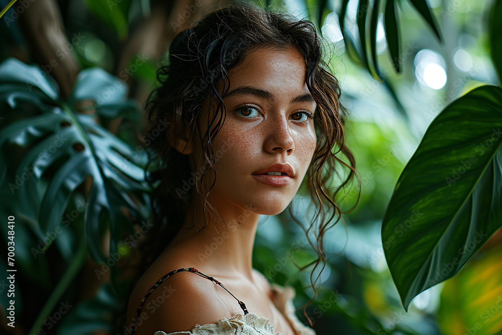 A woman stands elegantly surrounded by the verdant allure of tropical palm leaves, her chic attire harmonizing with the lush greenery, epitomizing sophistication A woman stands elegantly surrounded by the verdant allure of tropical palm leaves, her chic attire harmonizing with the lush greenery, epitomizing sophistication