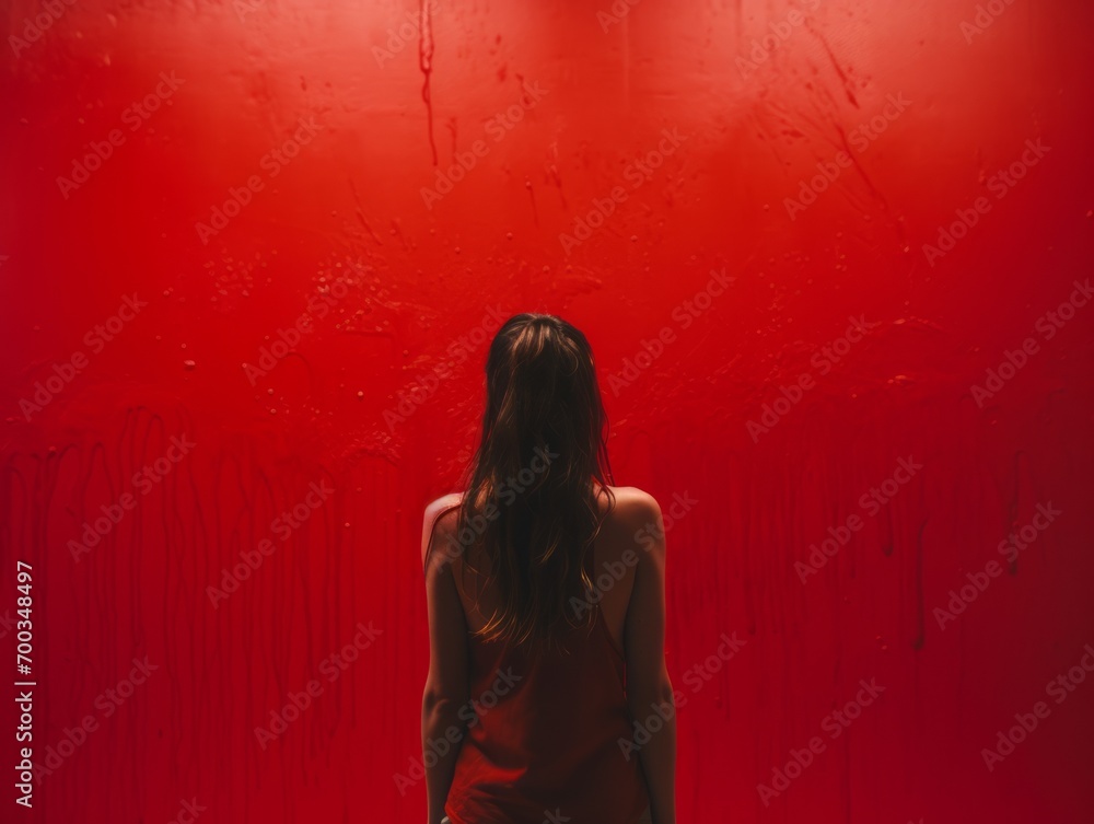 Fototapeta premium Silhouette of woman standing backword in front of camera and looking at the hypnotized color wall