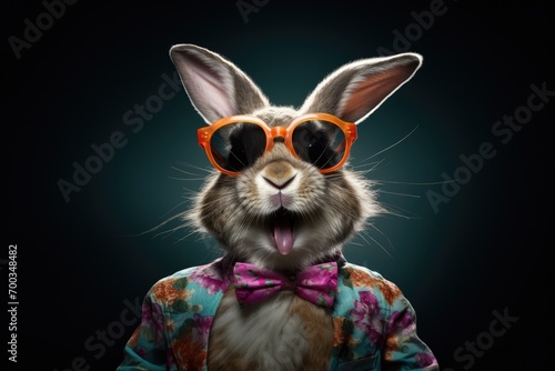 Cool Easter bunny with sunglasses and a bow tie in front of a colorful background.