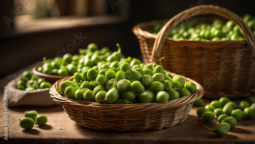 Fresh natural appetizing green peas on the kitchen table
