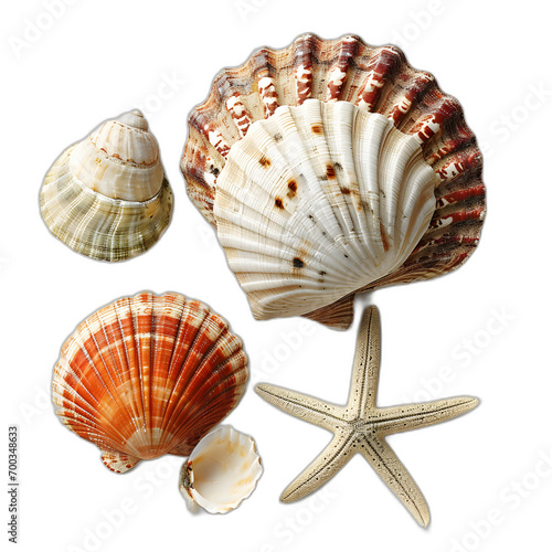 Seashells and a sand dollar isolated on transparent or white background, png 