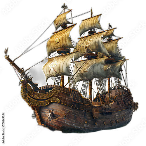 Pirate ship and treasure chest isolated on transparent or white background, png
 photo