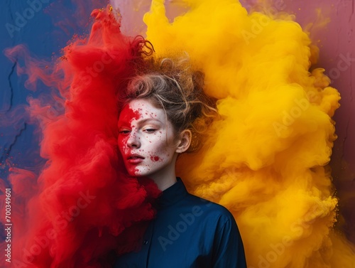 Creative modern portrait of woman with color explode. Bold art concept