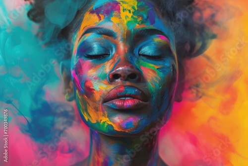 A beautiful woman with a colorfully painted face. International Women's Day concept.
