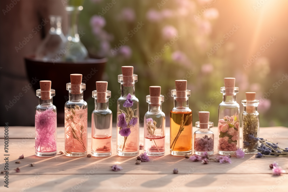 Mix of aromatherapy essential oils and herbal tinctures outdoors in sunlight - obrazy, fototapety, plakaty 