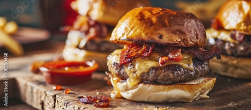 Delicious burger topped with bacon and pepper jack cheese.
