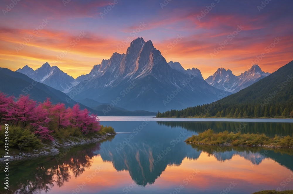 Sunrise reflecting on a mountain lake in spring