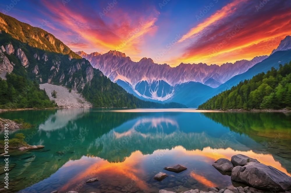 Sunrise over snowy mountain peaks and a lake
