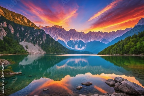 Sunrise over snowy mountain peaks and a lake