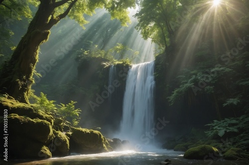 Gentle waterfall in a sunlit forest paradise