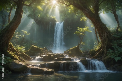 Secret waterfall in forest with morning sunlight