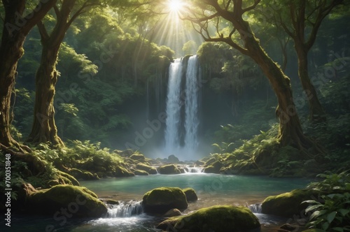Waterfall in lush green forest with sun rays