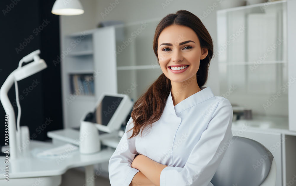 Handsome woman doctor posing at newest dental clinic, copy space Handsome woman doctor posing at newest dental clinic, copy space