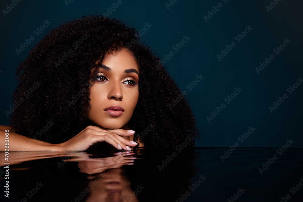 Magazine cover of confident flirty lady beauty model in modern studio with water reflection on glass table - obrazy, fototapety, plakaty 