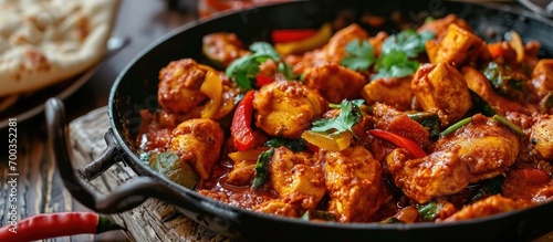 Indian Kadhai Chicken - boneless chicken stir-fried with spices and veggies in a wok. photo