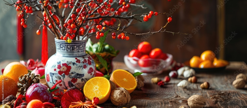 Chinese New Year celebration: Floral vase, nuts, candied fruits. Chinese New Year celebration: Floral vase, nuts, candied fruits.