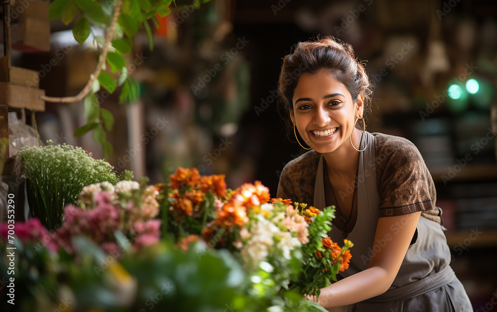 Picture of beautiful indian woman florist while working.