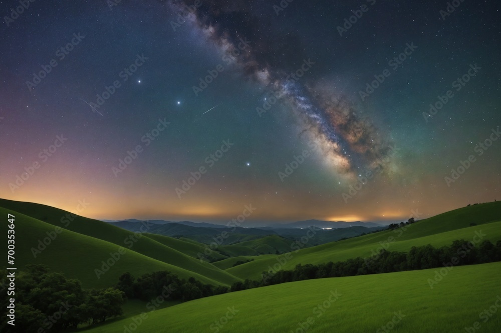 Green hills beneath a vast starry night canvas Green hills beneath a vast starry night canvas