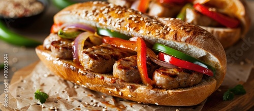 Hoagie sandwich with sausage, onions, peppers, and sesame seeds.