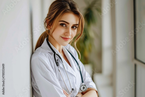 Smiling young female intern doctor in a lab coat with a stethoscope crossing her arms on her chest and looking at the camera