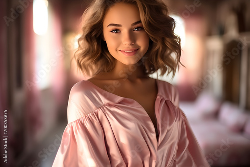 Cheerful Woman in an Elegant Gown with a Stylish Hairdo and a Warm Smile