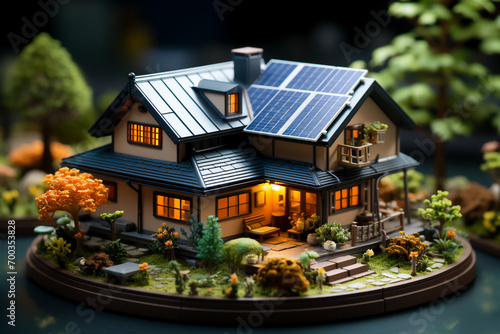 mockup from a children's construction set Residential building with solar photovoltaic panels to produce environmentally friendly electricity in a suburban rural area. Autonomous house concept © Irina Flamingo