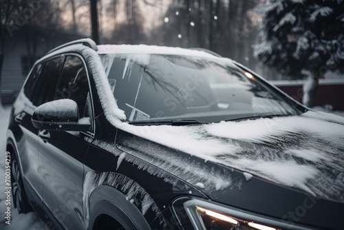 Car with windscreen wipers covered with snow outdoors on winter day. Generative AI