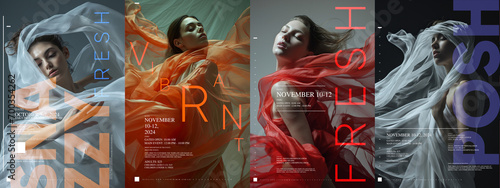 Typography poster design. Four fashion portraits overlaid with bold typography, promoting events with dates, times, and pricing details, modern design style against a dark backdrop.