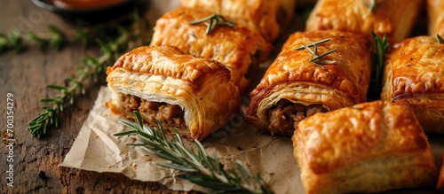 Puff or flaky pastry filled with cooked sausagemeat, a traditional snack of freshly baked pork sausage rolls. photo