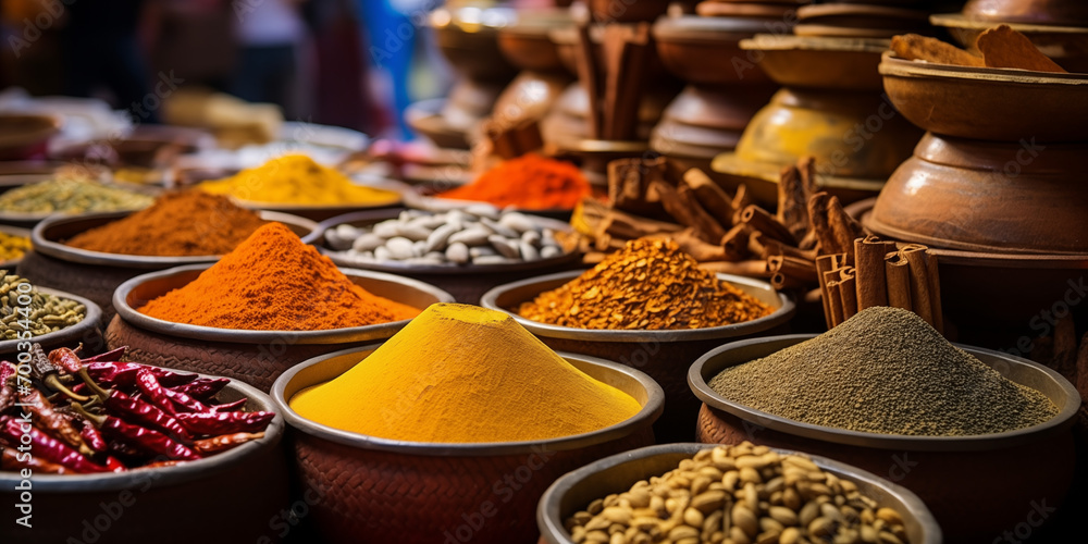 Fototapeta premium Spice market in India with a lot of bowl of spice and seasoning