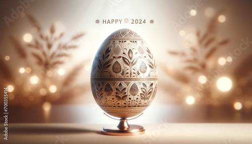 New Year 2024 Celebration: Ornate Egg with Festive Gold Decorations and Happy Greetings photo