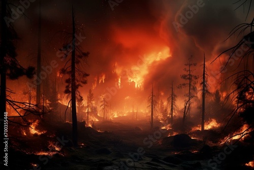 A devastating wildfire engulfs a pine forest, illustrating the impact of global catastrophes on our planet. Generative AI