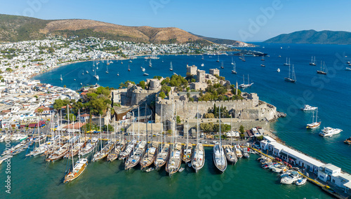 Fototapeta Naklejka Na Ścianę i Meble -  Aerial view of Bodrum on Turkish Riviera. View on Saint Peter Castle Bodrum castle and marina