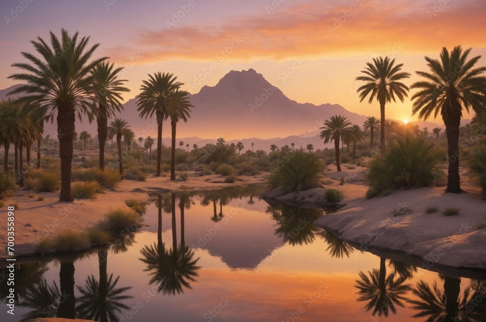 A serene sunrise at a desert oasis