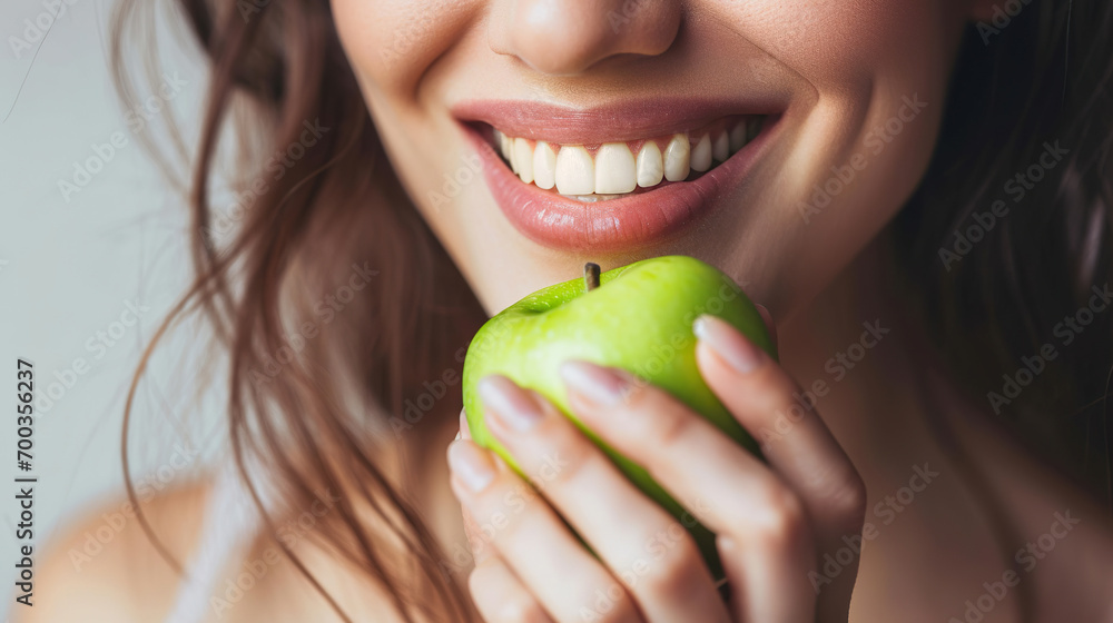 Smiling woman with healthy white teeth holds angreen apple Smiling woman with healthy white teeth holds angreen apple