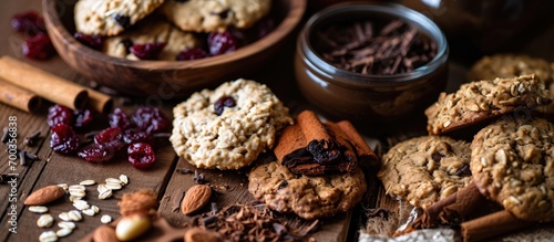 Photography of various food items like oatmeal cookies, biscuits, nuts, dried cranberries, cinnamon, chocolate, and cocoa. photo