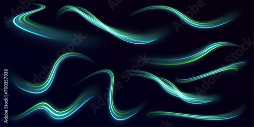 Glowing speed lines. Neon swirls with light effect in the form of a spiral. Laser beams, horizontal light rays. Acceleration speed motion on night road. Vector illustration