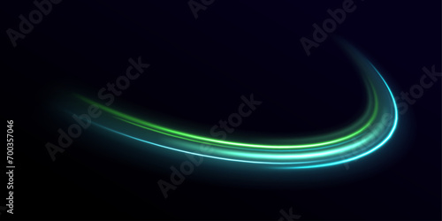 Green glowing wave swirl, impulse cable lines. Light glowing effect. Shine dynamic scene. Neon flare. Colorful rays. Image of speed motion on the road.