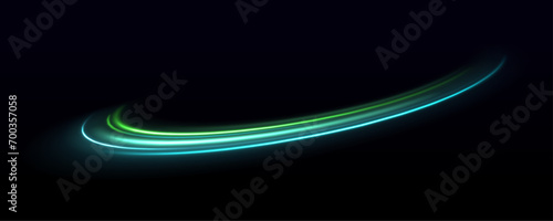 Abstract fire flare trace lens flares acceleration speed motion on night road. Green and blue light or fire of rocket, comet, magic weapon rays isolated on transparent background.
