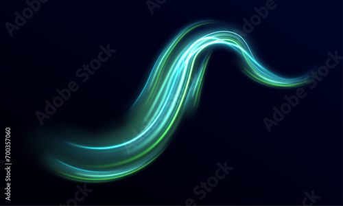 Abstract fire flare trace lens flares acceleration speed motion on night road. Green and blue light or fire of rocket, comet, magic weapon rays isolated on transparent background.