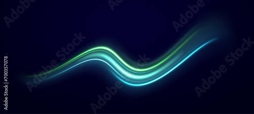 Light trail wave, fire path trail line and filament curve rotation. Big data traffic visualization, dynamic high speed data streaming traffic. Cyberpunk light in motion or light slow shutter effect.	
