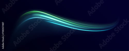 Magic green luminous glow design. Neon motion glowing wavy lines. Vector illustration.Neon swirl. Curve blue line light effect. Energy flow tunnel. Vector illustration photo