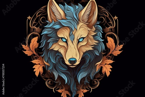 Artistic illustration of a wolf's head adorned with leaves in Mucha and Art Nouveau style on a black background. Generative AI