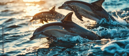 Group of amiable Dolphins on top of tropical sea.