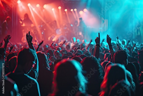 A crowd of young people is dancing to the music at a concert.